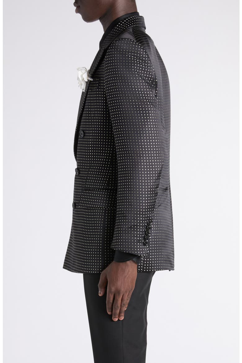 Polka Dot Jacquard Duchesse Mulberry Silk Double Breasted Jacket, Alternate, color, NNL COMBO BLACK/ IVORY