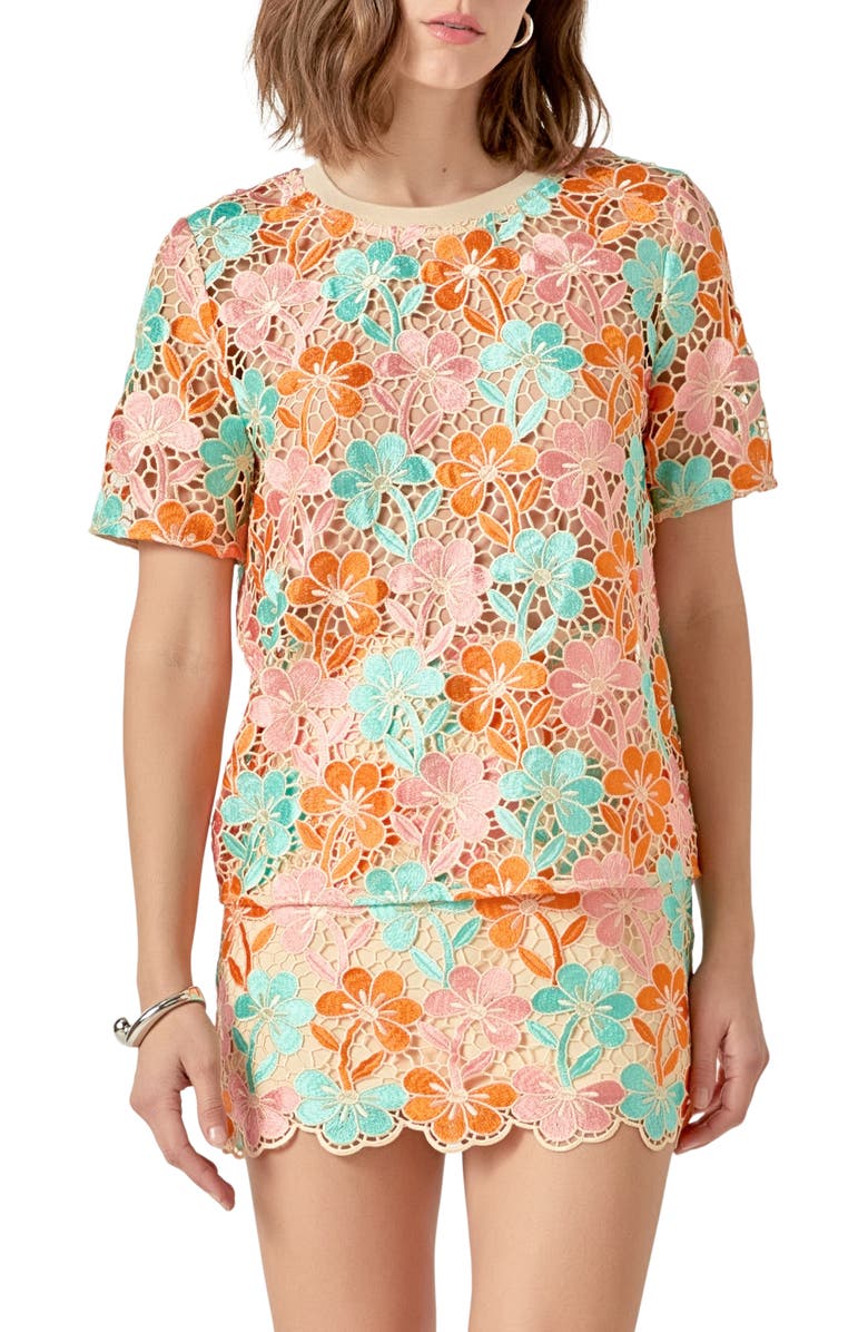 Endless Rose Floral Embroidered Open Knit Top, Main, color, Orange Multi