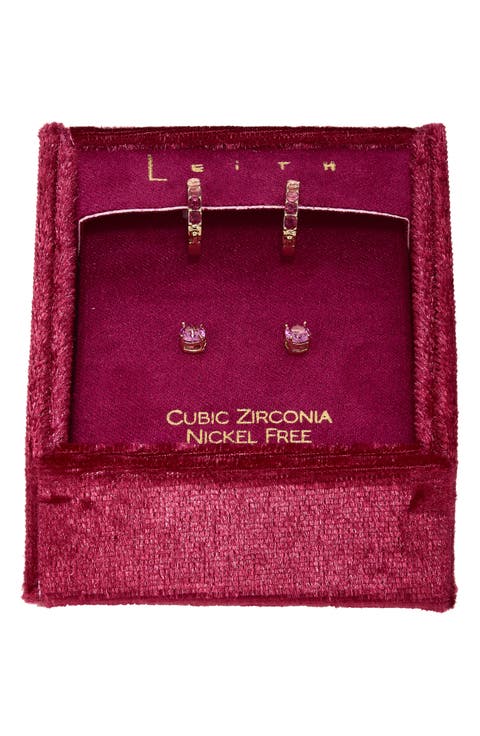 Set of 2 Cubic Zirconia Stud & Huggie Hoop Earrings