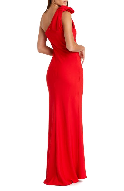 Mac Duggal One-shoulder Stretch-crepe Gown With Oversized Bow & Thigh-high Slit In Red