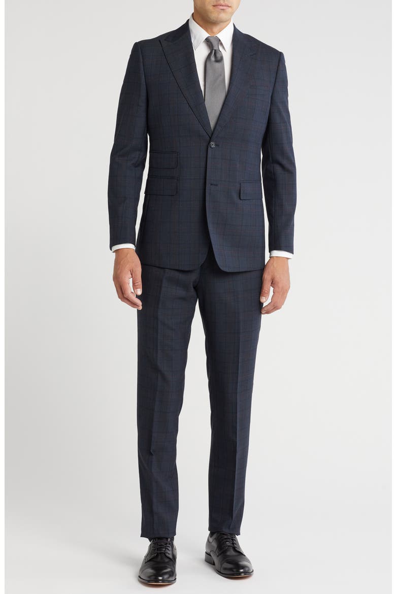 Plaid Trim Fit Peak Lapel Wool Blend Two-Piece Suit, Main, color, NAVY
