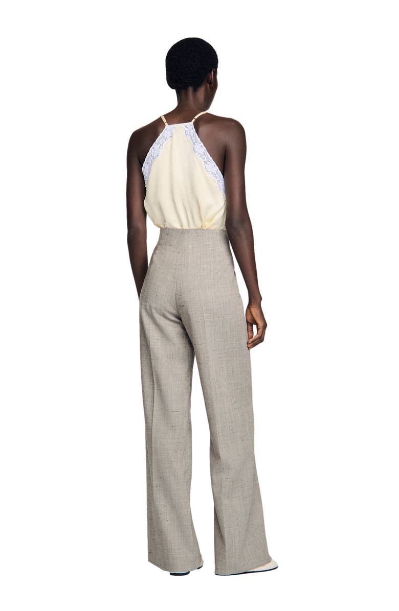 SANDRO Wide-leg checked wool trousers, Alternate, color, Greige