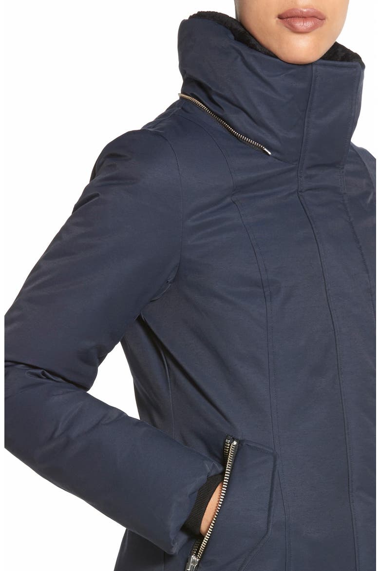 Hooded Long Down Coat with Genuine Coyote Fur & Genuine Shearling Trim, Alternate, color, NAVY
