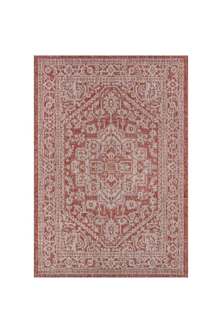 Sinjuri Medallion Textured Weave Indoor/Outdoor Area Rug, Main, color, Red/Taupe
