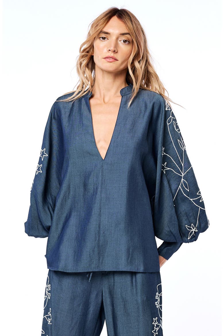 Charli Embroidered Sleeve Top, Alternate, color, DENIM BLUE