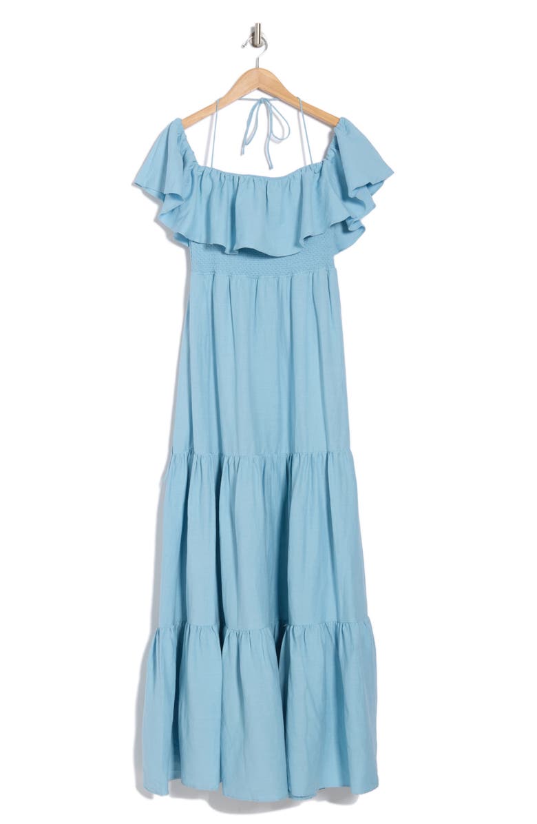 Alice + Olivia Kia Off-the-Shoulder Tiered Maxi Dress, Alternate, color, Mineral Blue