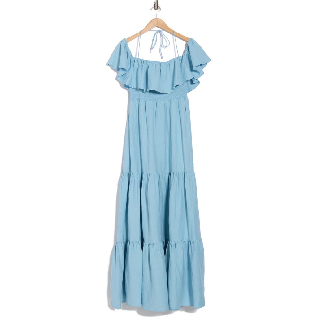 Alice And Olivia Kia Cold-shoulder Tiered Linen-blend Maxi Dress In Mineral Blue