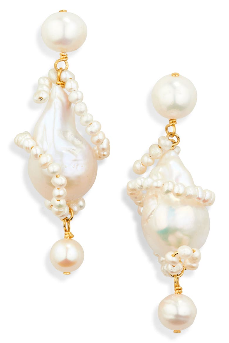 Carvings Baroque & Freshwater Pearl Drop Earrings, Main, color, 18CT GOLD PLATED