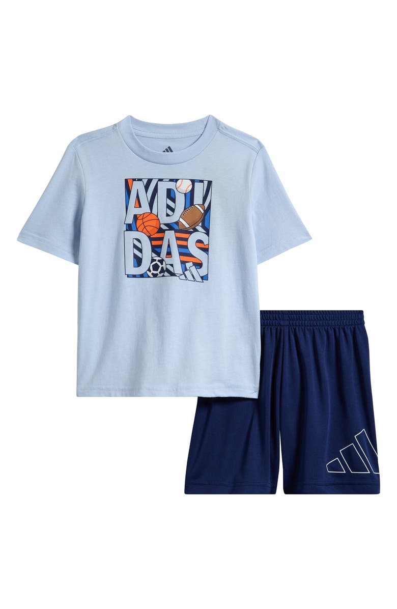 adidas Kids' Cotton Graphic T-Shirt & Knit Athletic Shorts set, Main, color, Crystal Sky
