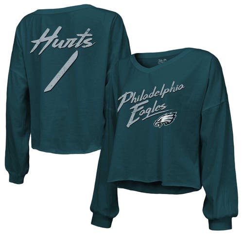 Majestic Threads Jalen Hurts Green Philadelphia Eagles Name & Number Off-shoulder Script Cropped Lon