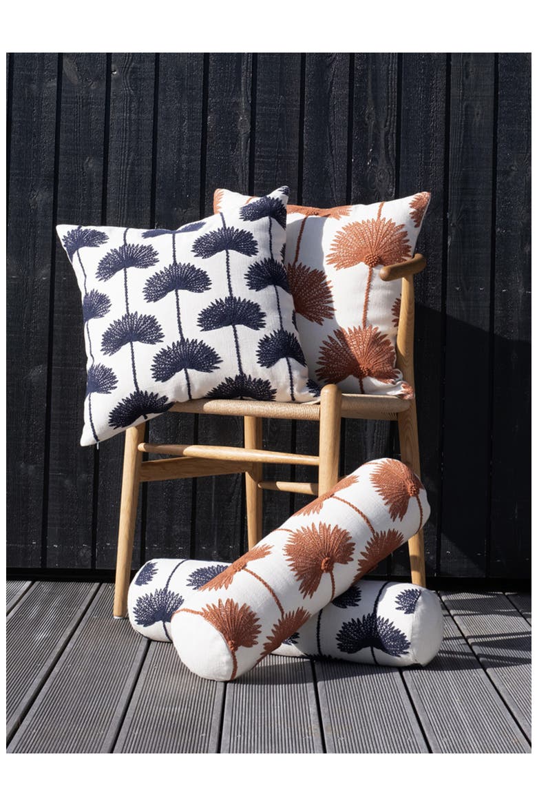 Palm Leaf Embroidered Cotton Bolster Pillow, Alternate, color, NAVY / OFF WHITE