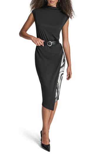 DKNY Funnel Neck Cap Sleeve Belted Dress