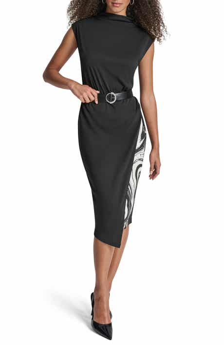 DKNY Funnel Neck Cap Sleeve Belted Dress