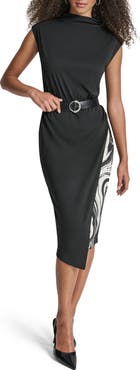 DKNY Funnel Neck Cap Sleeve Belted Dress