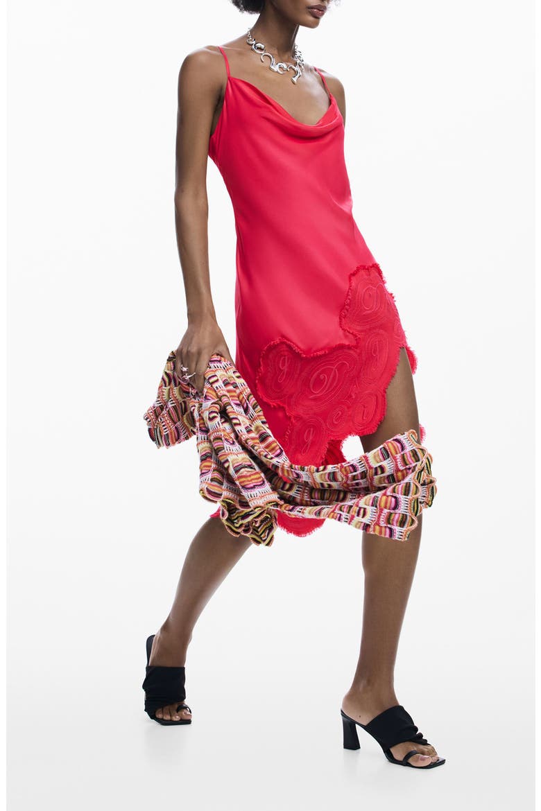 Lace Trim Asymmetric Slipdress, Main, color, RED