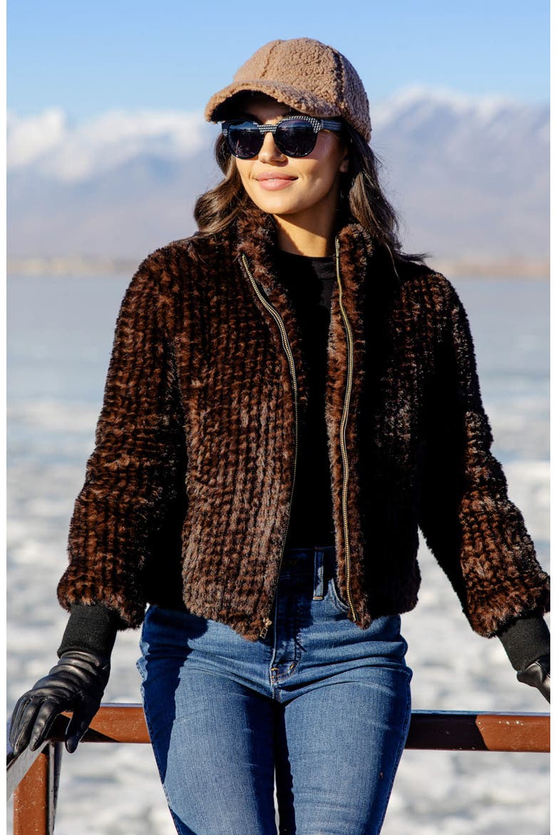 11th Avenue Faux Fur Bomber Jacket, Alternate, color, WHISKEY