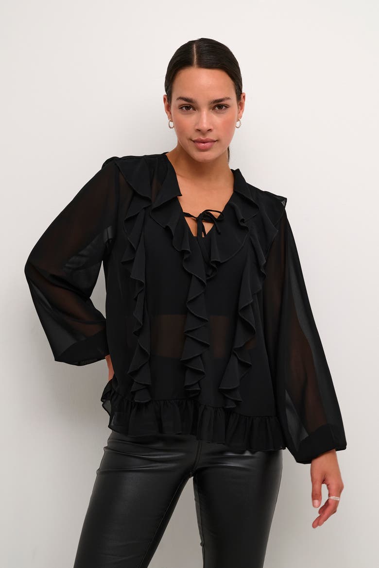 Kaninna V-Neck Ruffles Chiffon Blouse, Main, color, Black Deep