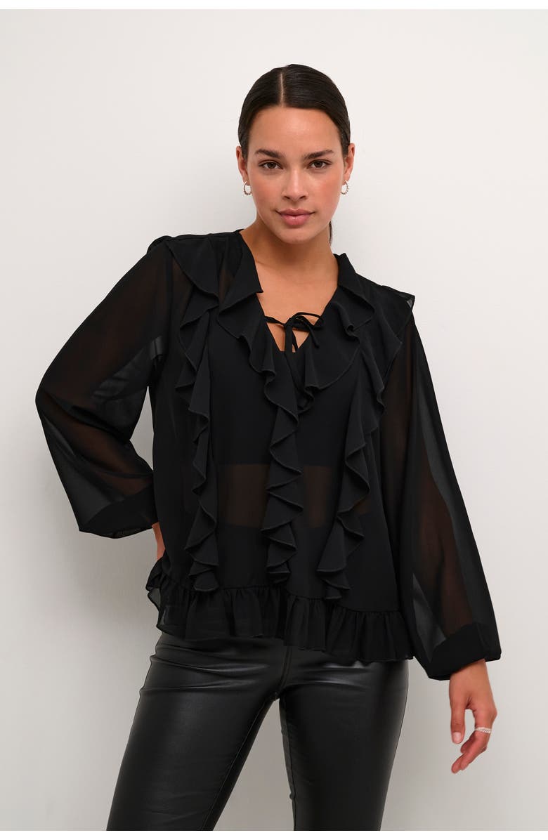 Kaffe Kaninna V-Neck Ruffles Chiffon Blouse, Main, color, Black Deep