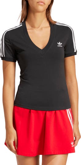 アディダス☆レディース☆Adicolor 3-Stripes V-Neck Slim Tee adidas Adicolor 3-Stripes V-Neck Slim Tee - White | Free