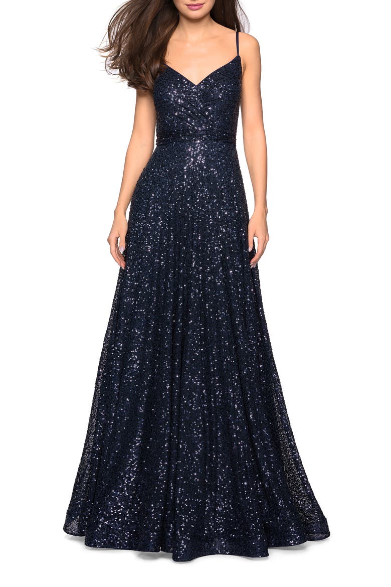 Sequin Empire Waist Prom Dress with V Back, Main, color, Navy