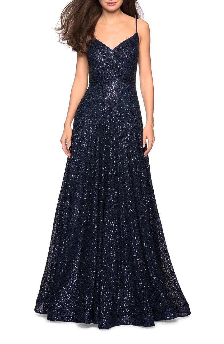 La Femme Sequin Empire Waist Prom Dress with V Back, Main, color, Navy