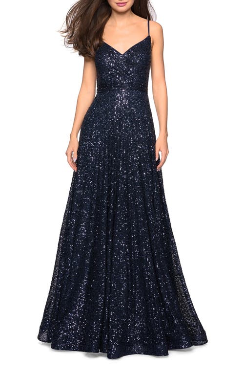 La Femme Sequin Empire Waist Prom Dress With V Back In Navy