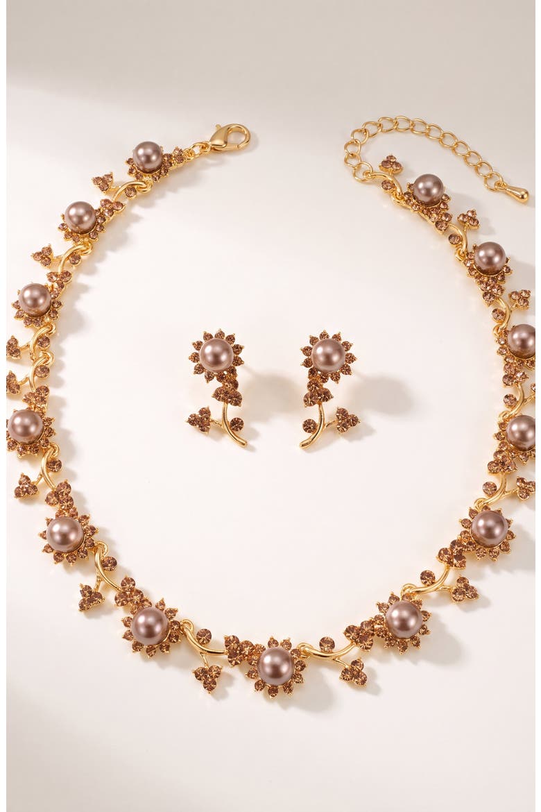 Pearl and Crystal Floral Necklace and Earrings Set, Main, color, Gold