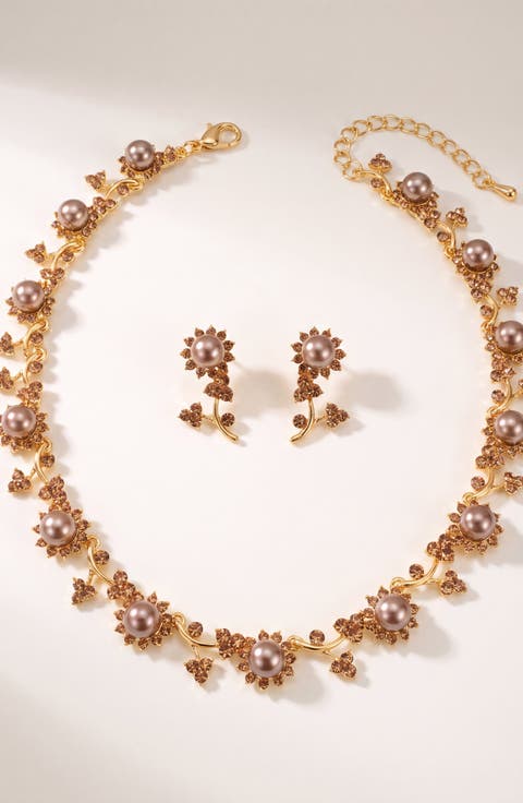 Pearl and Crystal Floral Necklace and Earrings Set