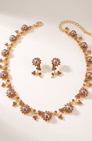 Modenaire Pearl and Crystal Floral Necklace and Earrings Set