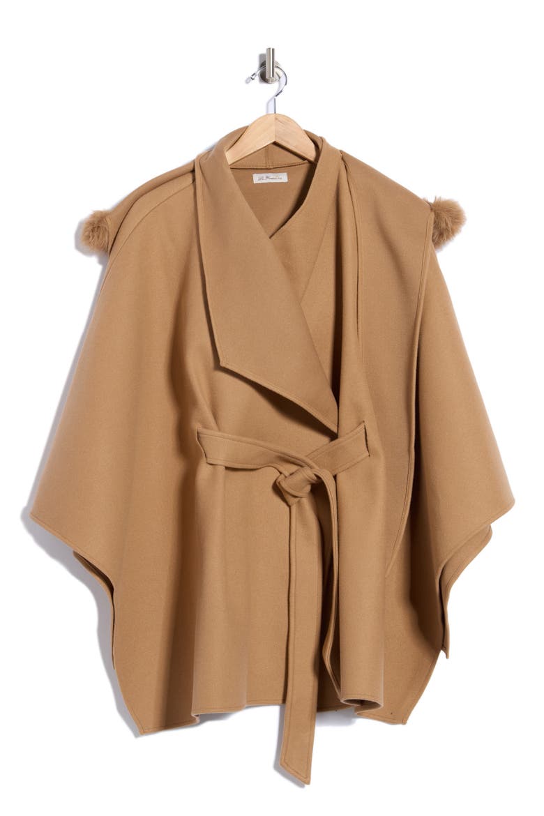 Faux Fur Pom-Pom Hooded Cape, Main, color, CAMEL