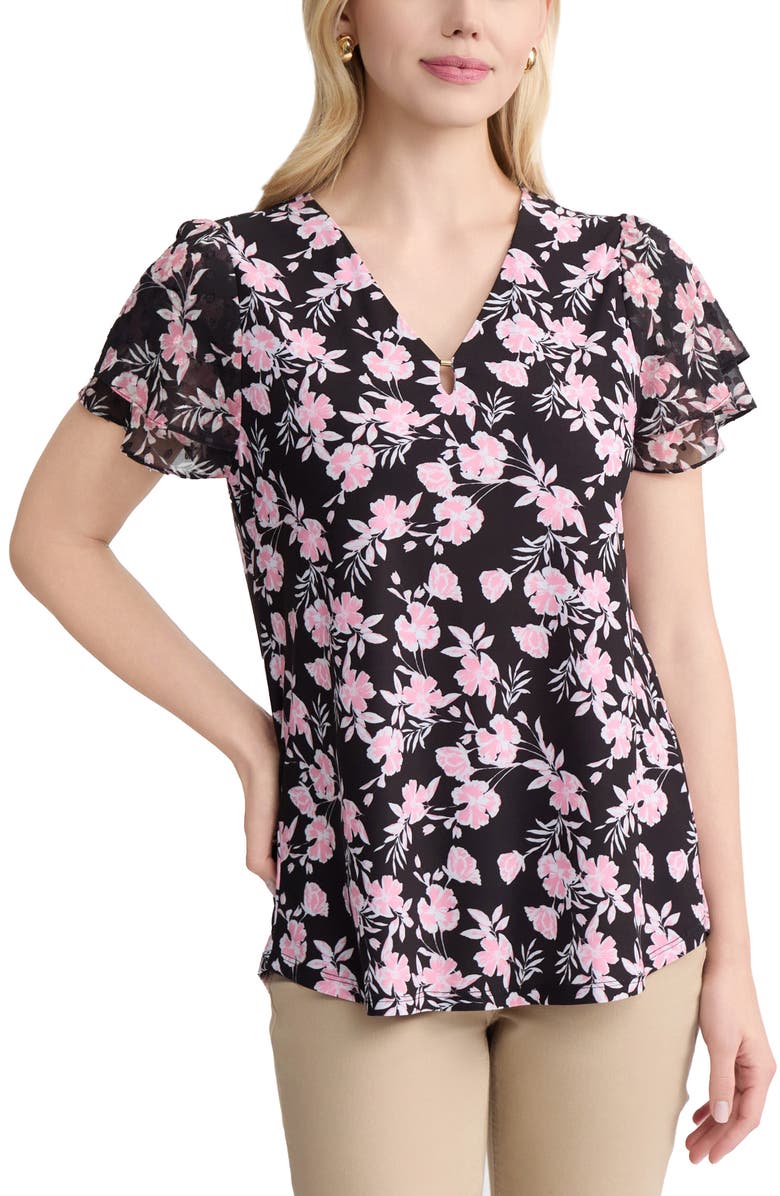 Jones New York Mixed Media Flutter Sleeve Top, Main, color, Jones Black Multi