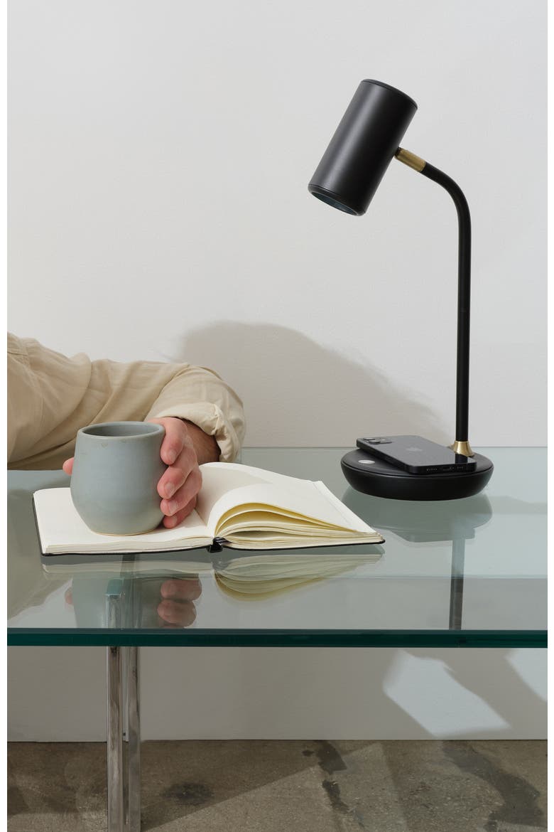 Ezra 16.5" Modern LED Reading Table Lamp with Built-in Wireless Charging Pad, Alternate, color, Antique Brass