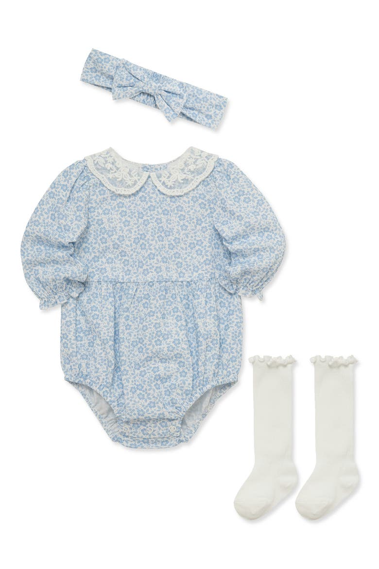Floral Bubble Romper, Socks & Headband Set, Alternate, color, BLUE FLORAL