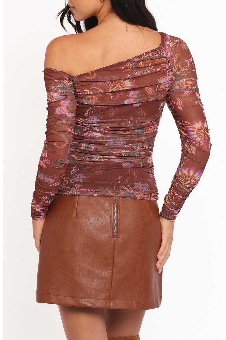 Elfrida Ruched One-Shoulder Mesh Top, Alternate, color, BROWN FLORAL