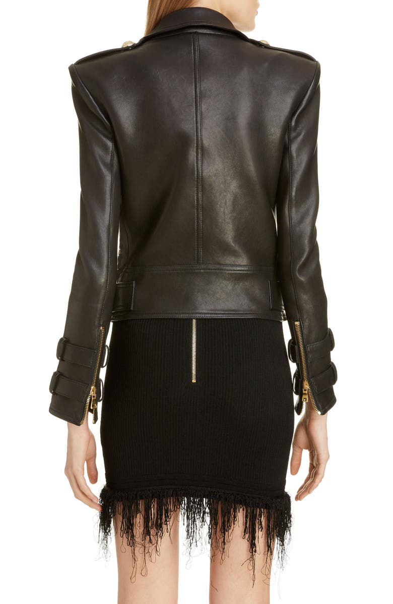 Balmain Lambskin Leather Moto Jacket, Alternate, color, 