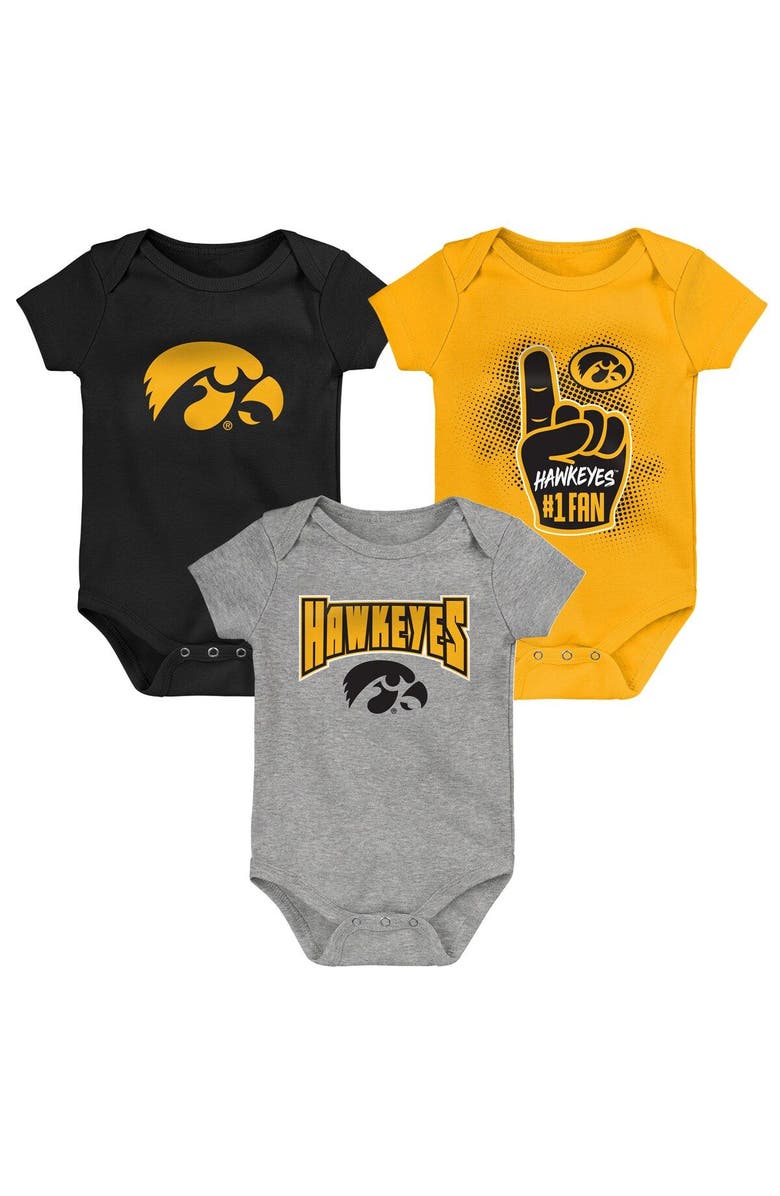 Outerstuff Newborn & Infant Black/Gold/Heathered Gray Iowa Hawkeyes 3-Pack Game On Bodysuit Set, Alternate, color,