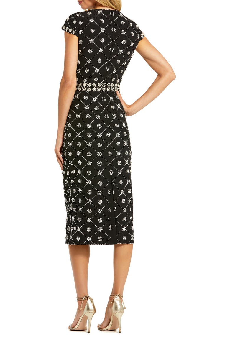 Beaded Short Sleeve Crew Neck Sheath Midi Dress, Alternate, color, Black