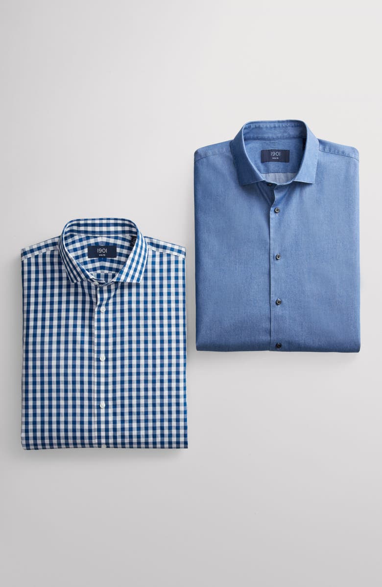 1901 Trim Fit Solid Denim Dress Shirt, Alternate, color, 