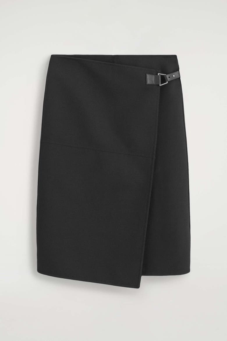 Leather-Belt Wool-Twill Midi Skirt, Alternate, color, BLACK