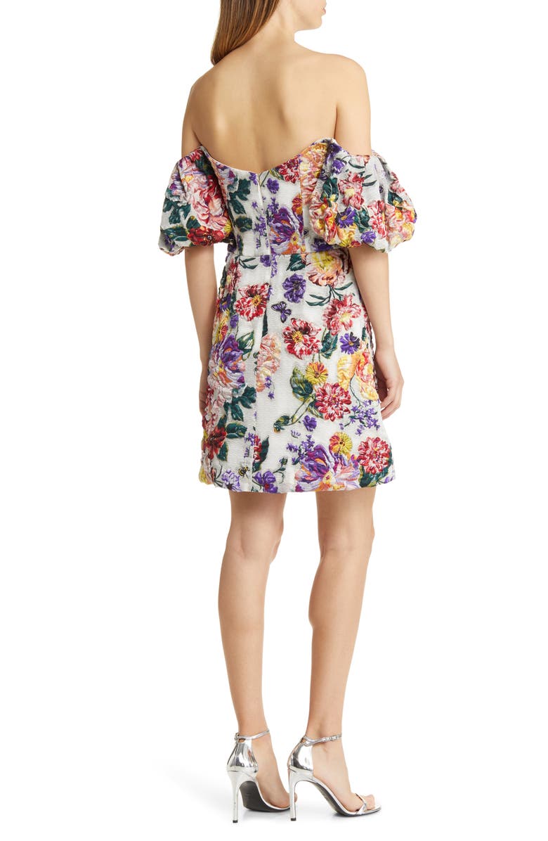 Marchesa Notte Floral Puff Sleeve Fil Coupé Cocktail Dress, Alternate, color, Ivory Floral