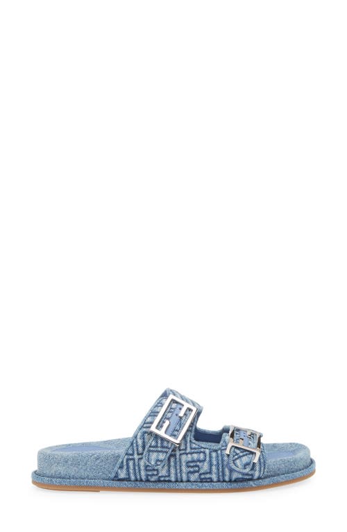 Fendi Ff Embroidered Denim Dual Buckle Slide Sandals In Blue