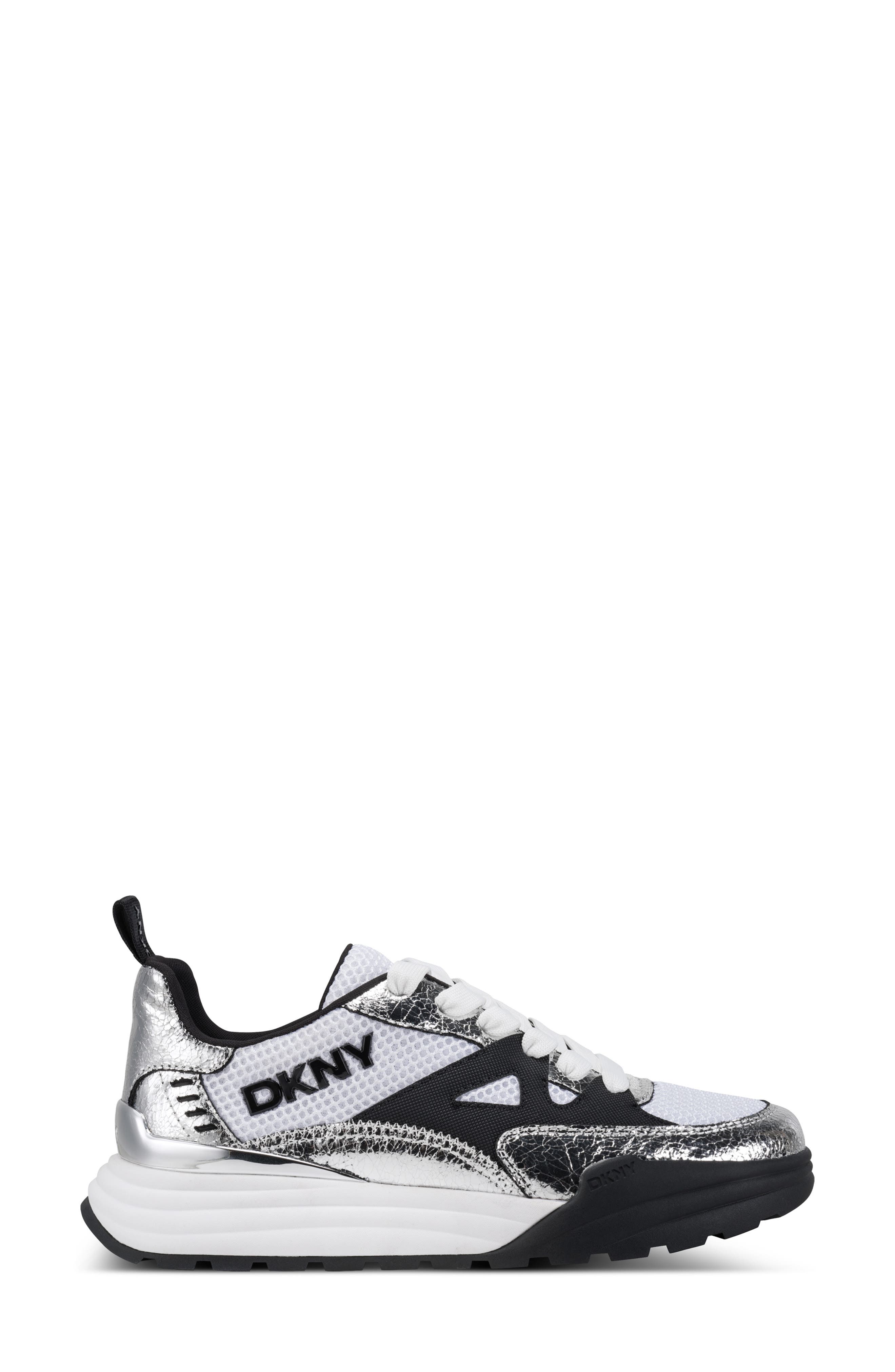 DKNY Zanira Mixed Media Sneaker, Alternate, color, Nickel/ Black