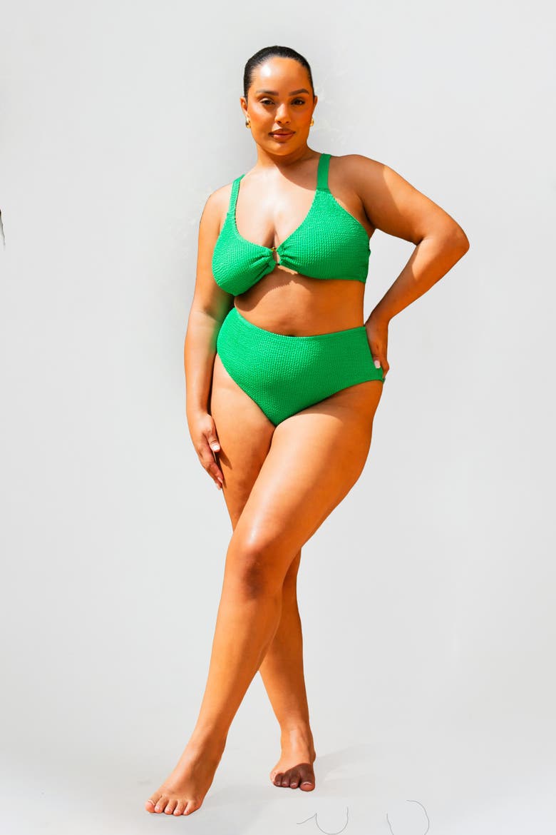 Curve Crinkle Trim Detail Bikini Set, Alternate, color, Green
