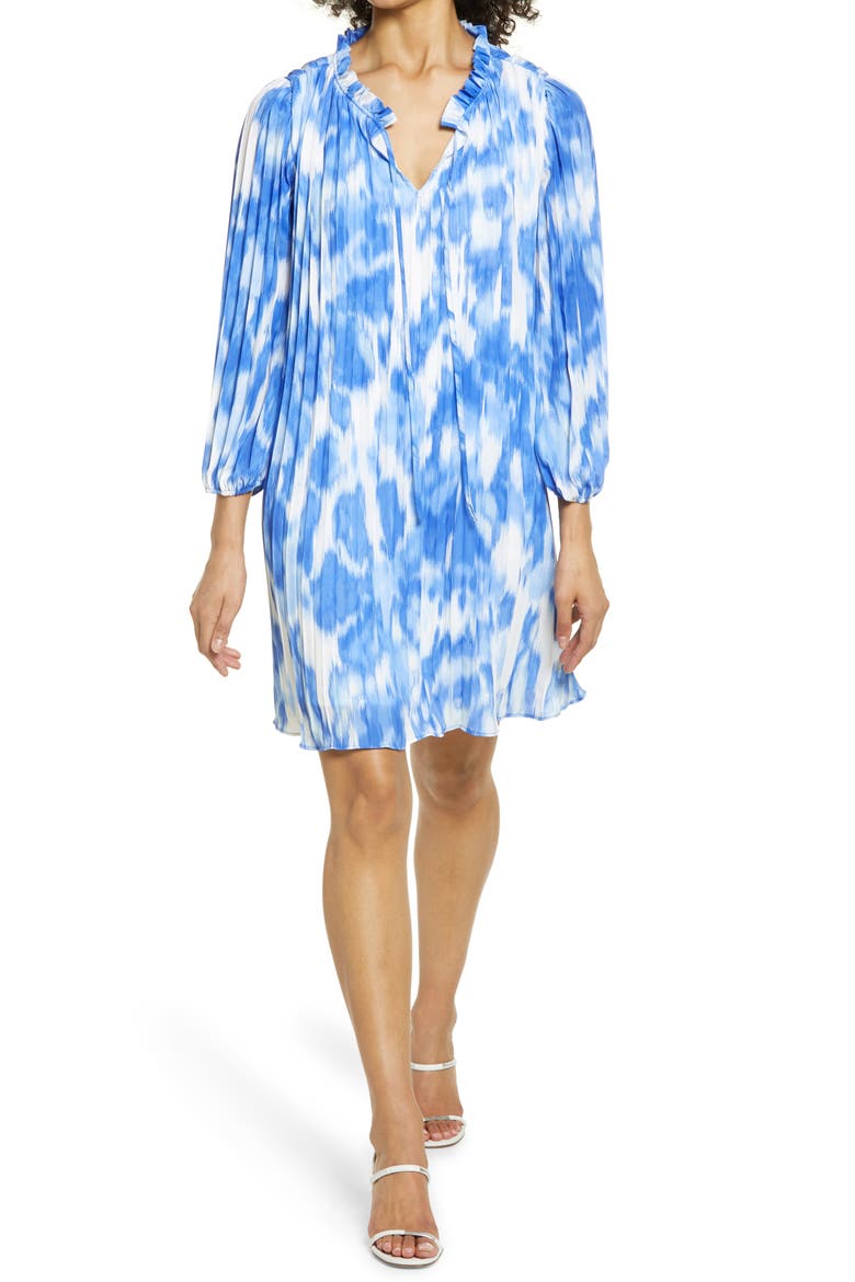 Sunburst Pleat Long Sleeve Minidress, Main, color, BLUE- IVORY BRUSH WASH