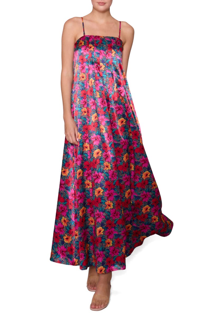 MELLODAY Print Sleeveless Satin Maxi Dress, Main, color, Black Magenta Multi