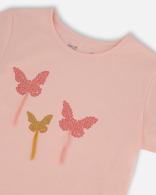 Deux Par Deux Girl's Organic Cotton Top With Applique Pink With Sparkling Butterfly In Pink With Sparkling Butterfly
