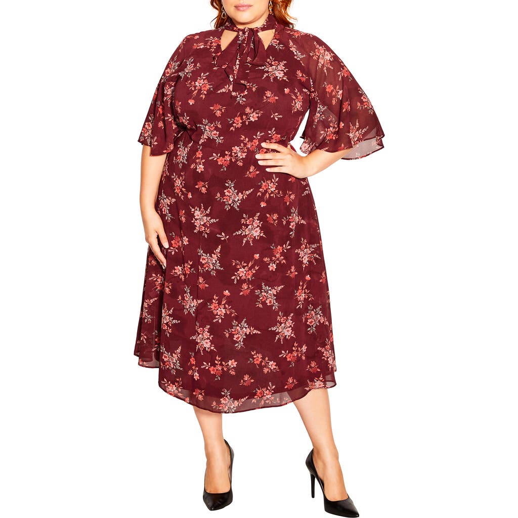 City Chic Kinley Floral Tie Neck Midi Dress In Red