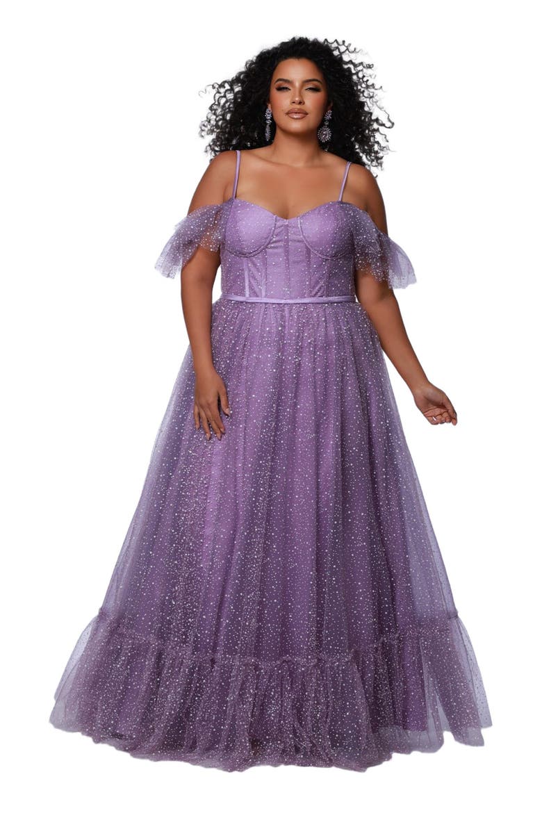V-Neckline Flutter Sleeve Slim A-line Plus Size Gown, Main, color, Lavender