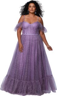 Sydney's Closet V-Neckline Flutter Sleeve Slim A-line Plus Size Gown