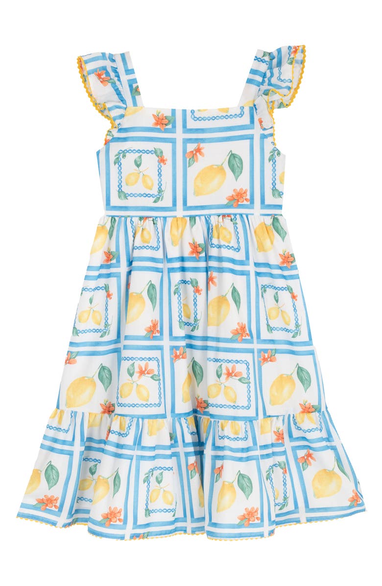 Rare Editions Kids' Printed Cotton Flutter Sleeve Dress, Main, color, Yellow